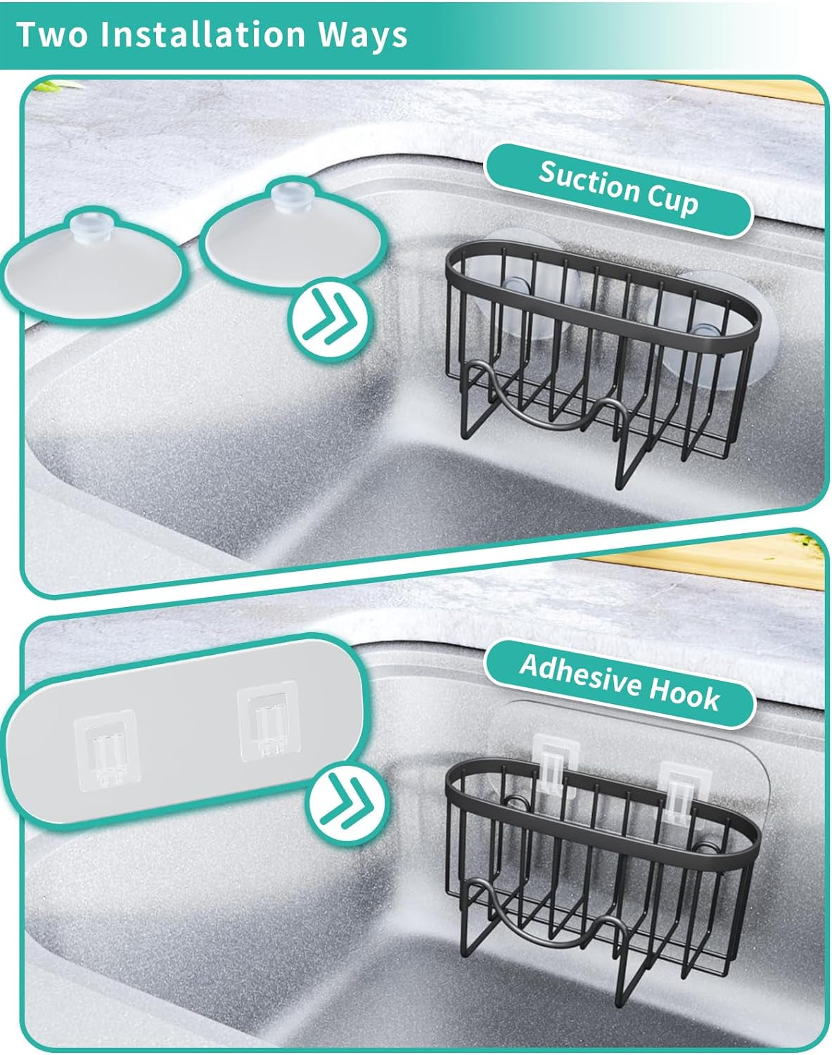 Multifunctional Sponge Holder with Unique M-Shaped, 2 Installation Methods Kitchen Sink Caddy Organizer, Rustproof Stainless Steel Sponge Caddy for Brush, Sink Stopper and Scraper -Black