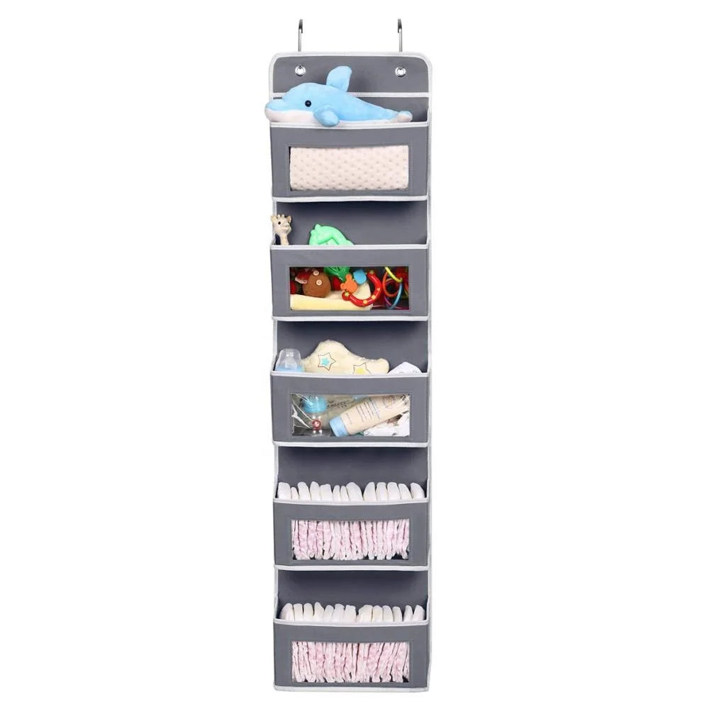 over the Door Pocket Organizer Fabric Hanging Closet Clear Window Storage Bag with Mental Hooks Gray for Pantry Baby Nursery Bathroom Closet Dorm, Gray