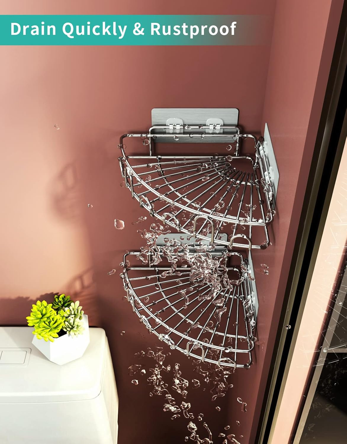 Corner Shower Caddy Shower Rack, SUS304 Stainless Steel Shower Organizer with 8 Traceless Adhesive Hooks Wall Mounted Bathroom Shelf Organizer for Kitchen Toilet Dorm Storage, 2 PACK