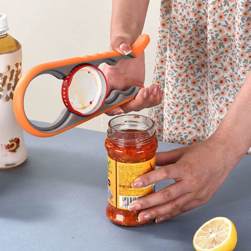 Multifunctional 4-In-1 Kitchen Tool Jar Gripper Lid Opener Can Opener Bottle Opener - Easy to Use Home Essential