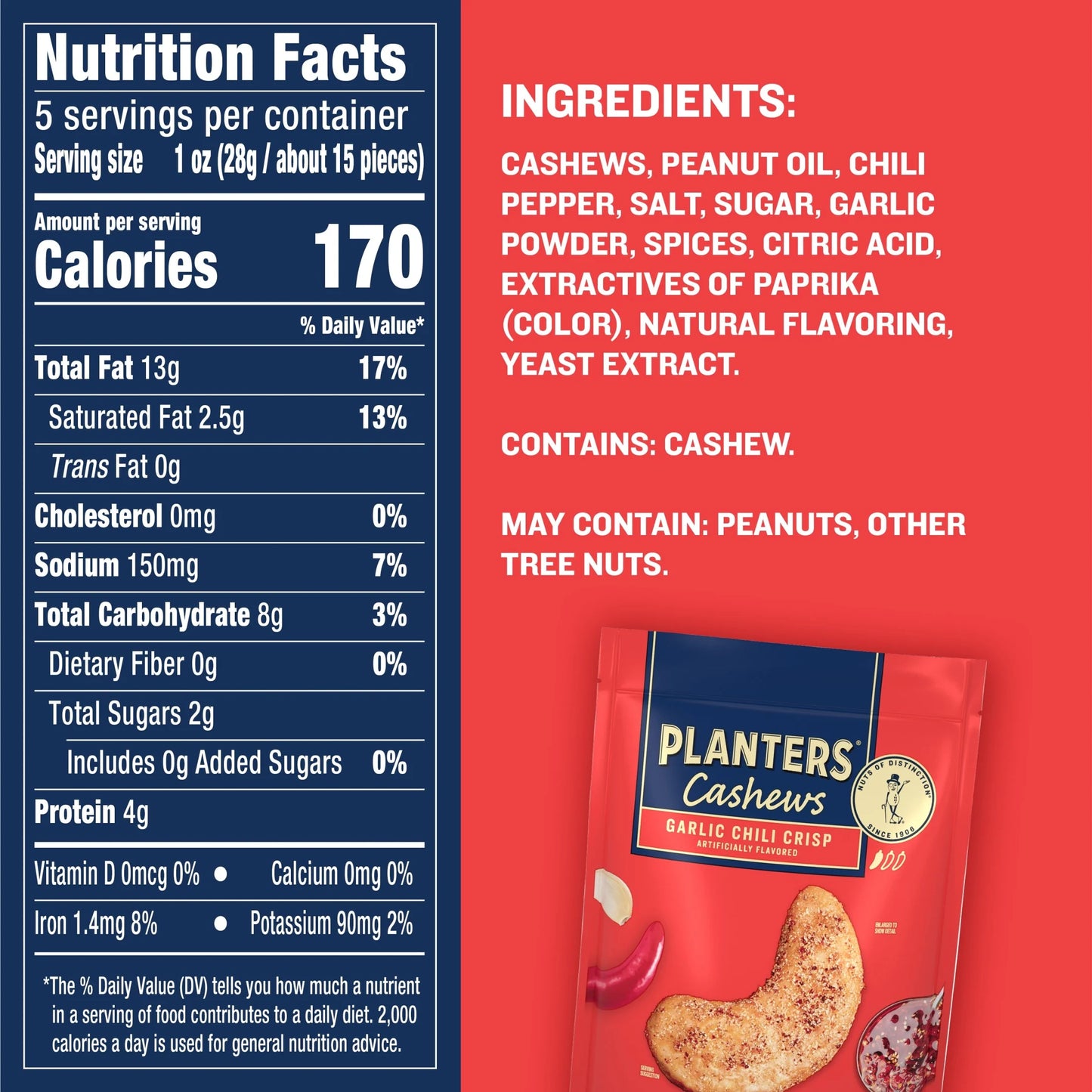 Garlic Chili Crisp Flavored Cashews, 5 Oz Resealable Bag