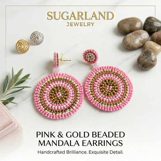 Pink & Gold Beaded Mandala Earrings