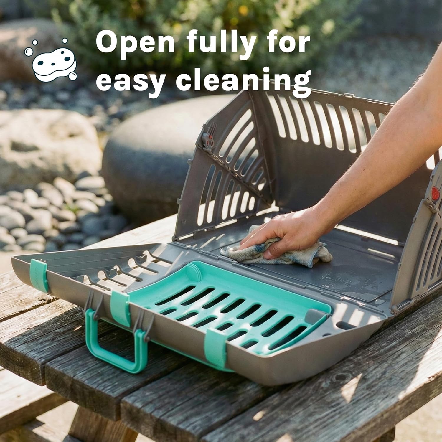 Sportpet X-Large Hard-Sided Travel Cat Carrier - Cat Carrier with Patented Wide Side-Opening Door, Foldable Portable Pet Carrier for Cats & Small Pets up to 35Lbs - Dark Gray/Teal
