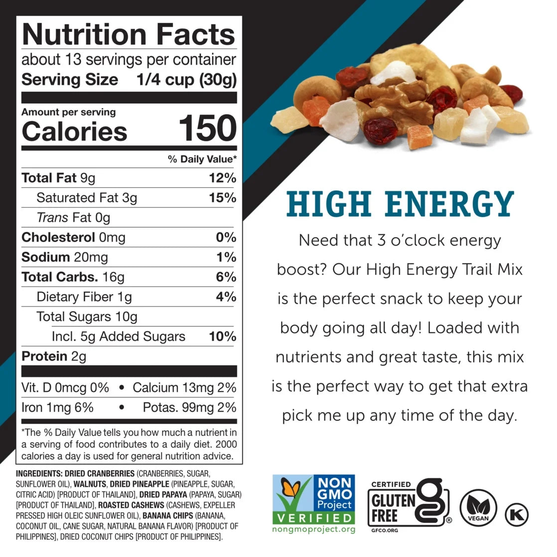 Trail Mix High Energy 14Oz, Gluten Free, Vegan, Non-Gmo