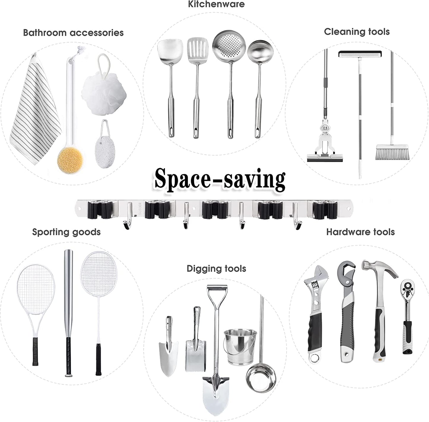 5 Racks and 4 Hooks Mop and Broom Holder Wall Mount, Broom Organizer Storage Tool Racks Stainless Steel Heavy Duty Hooks Self Adhesive Solid Non-Slip for Home Kitchen Garden Laundry Garage