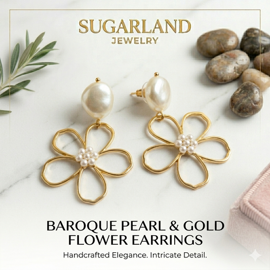 Baroque Pearl & Gold Flower Earrings: Handcrafted Elegance. Intricate Detail.