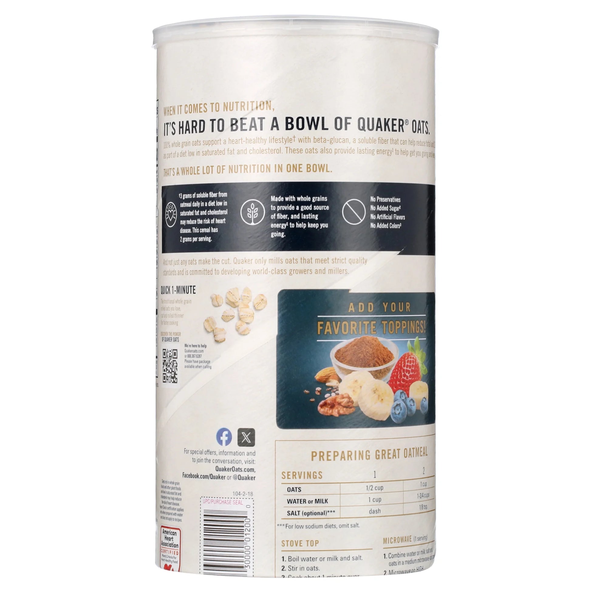 , Quick 1 Minute Oats, Oatmeal, Quick Cook Oatmeal, 42 Oz Canister Dry Oats