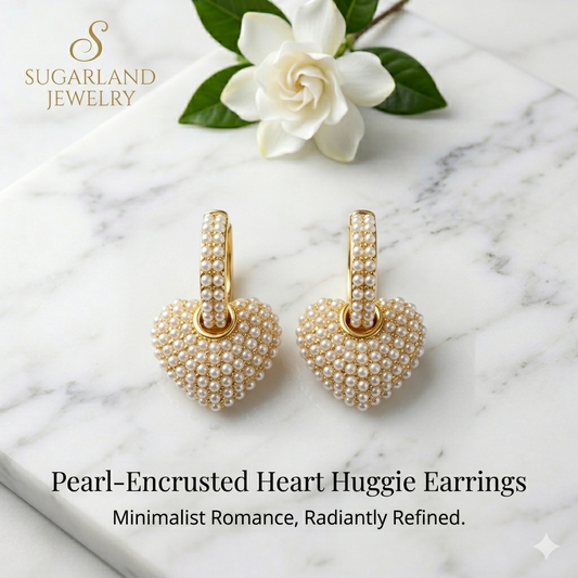 Pearl-Encrusted Heart Huggie Earrings