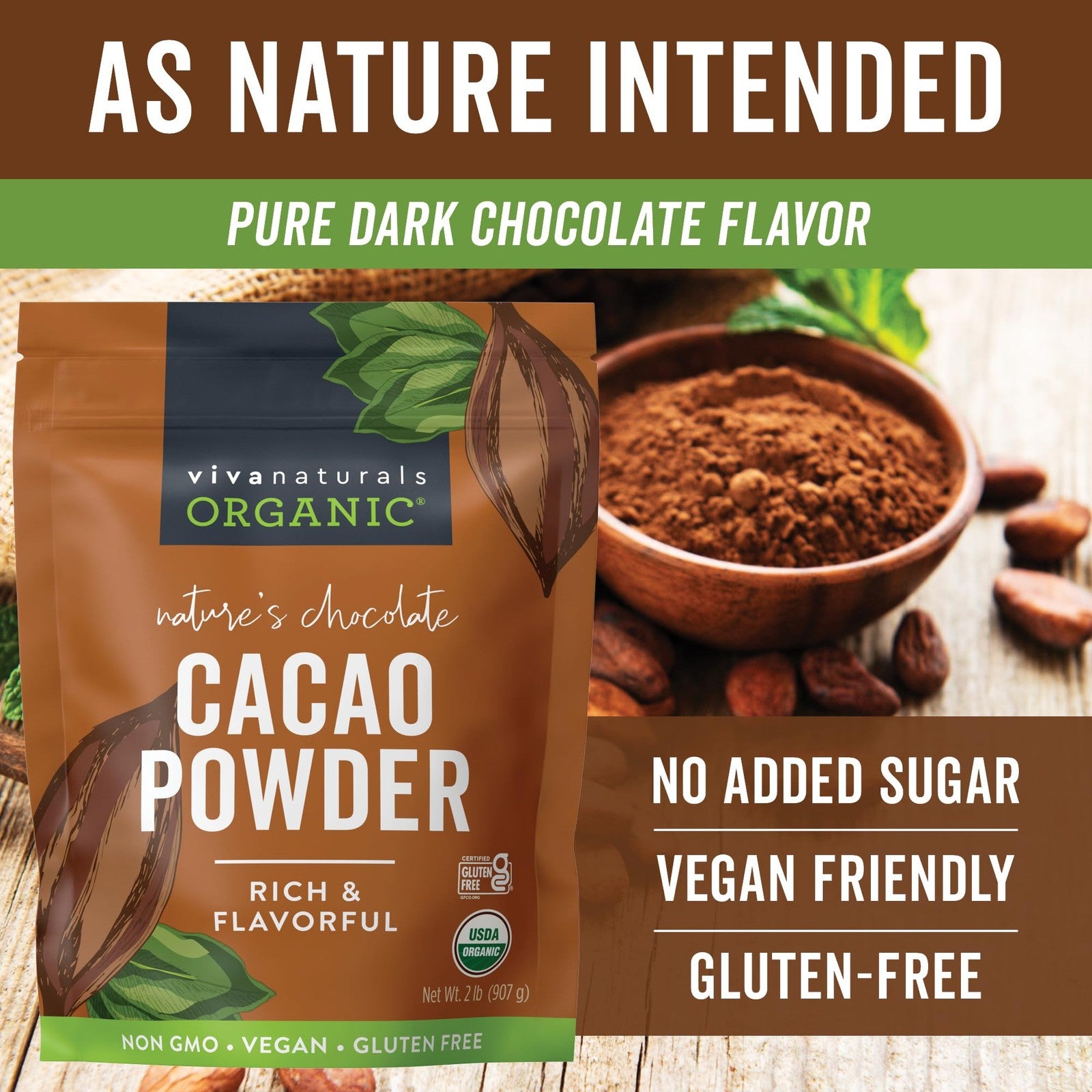 Viva Naturals Organic Cacao Powder, 2Lb - Unsweetened Cocoa Powder Wit