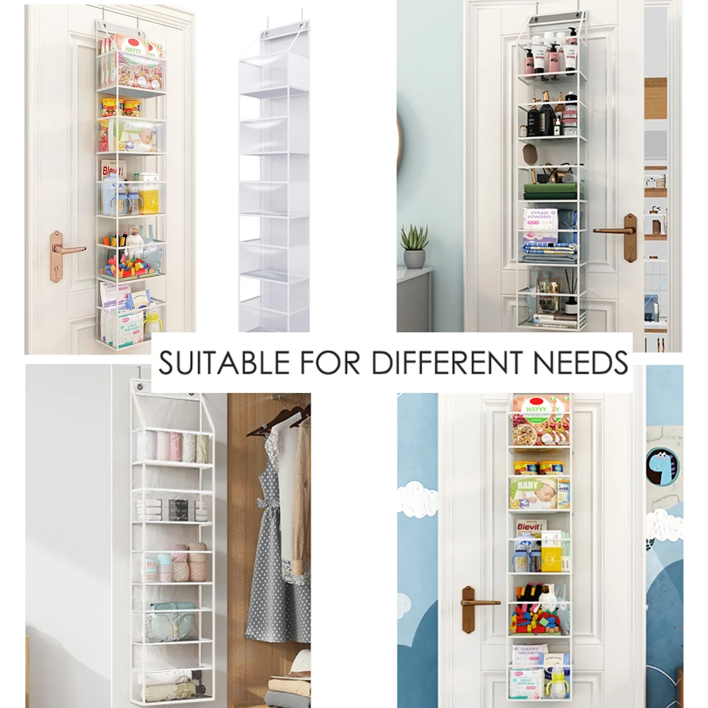 over the Door Hanging Pantry Organizer 6-Shelf behind the Door Storage Organizer with Clear Plastic Pockets Large Capacity for Closet Bedroom Bathroom (White)