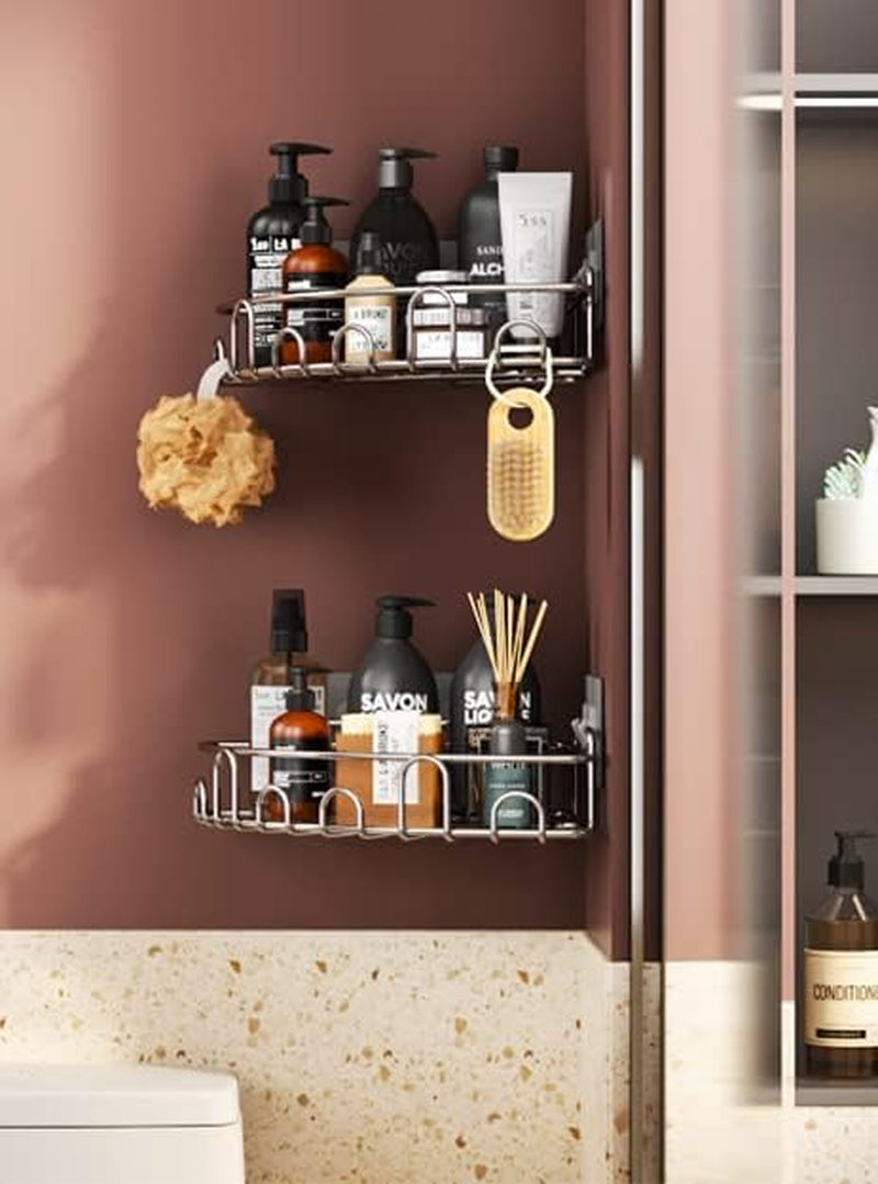 Corner Shower Caddy Shower Rack, SUS304 Stainless Steel Shower Organizer with 8 Traceless Adhesive Hooks Wall Mounted Bathroom Shelf Organizer for Kitchen Toilet Dorm Storage, 2 PACK