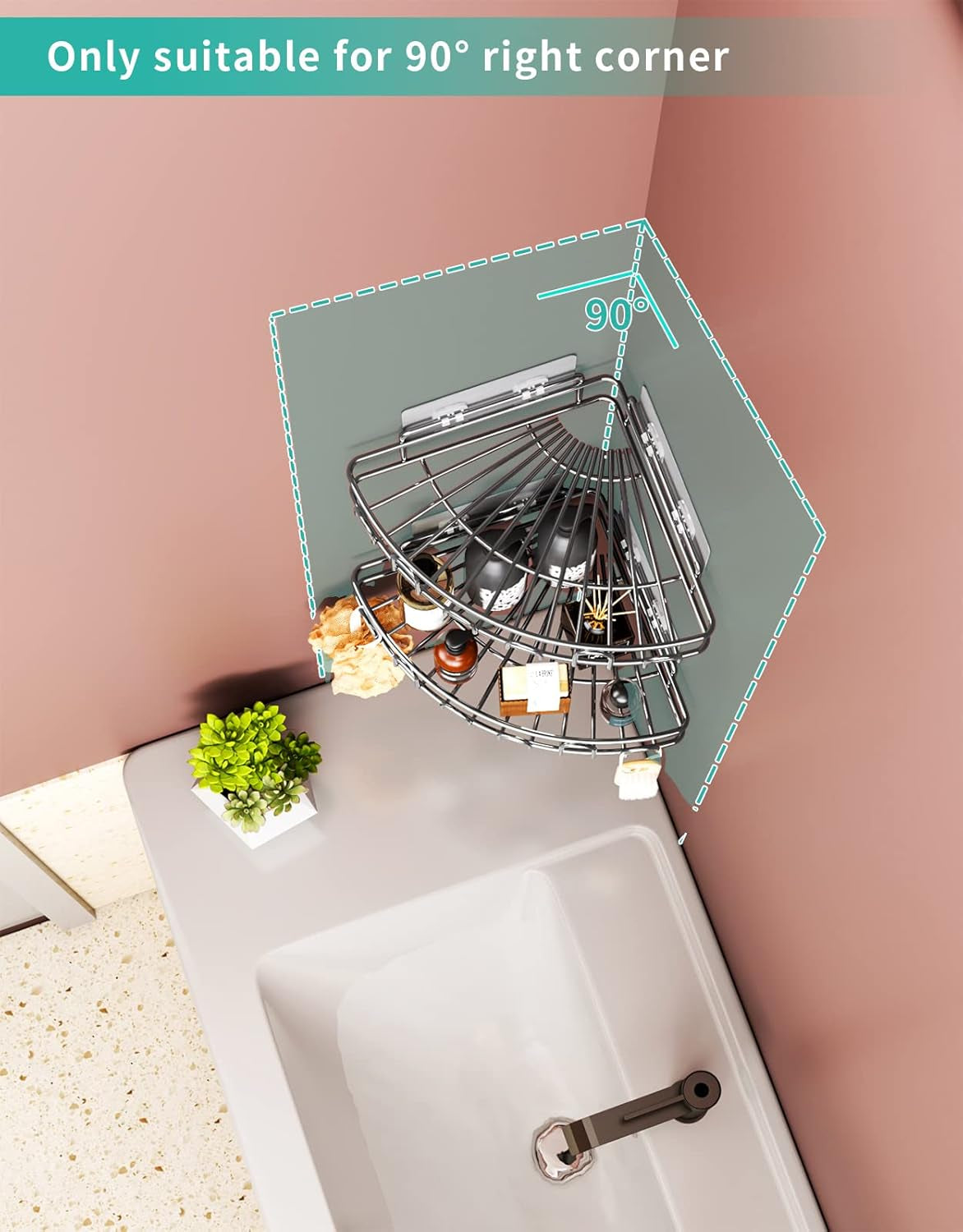 Corner Shower Caddy Shower Rack, SUS304 Stainless Steel Shower Organizer with 8 Traceless Adhesive Hooks Wall Mounted Bathroom Shelf Organizer for Kitchen Toilet Dorm Storage, 2 PACK