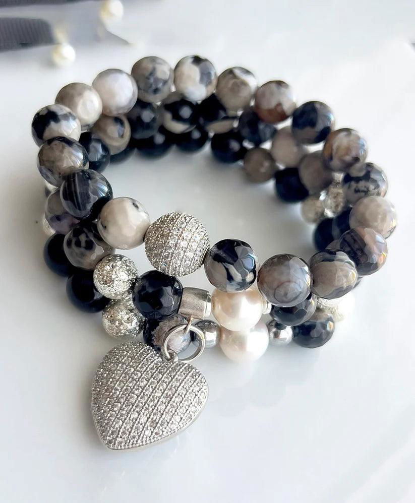 Black, White, and Ice Heart tripple Strand Bracelet - Jewelry Trends USA