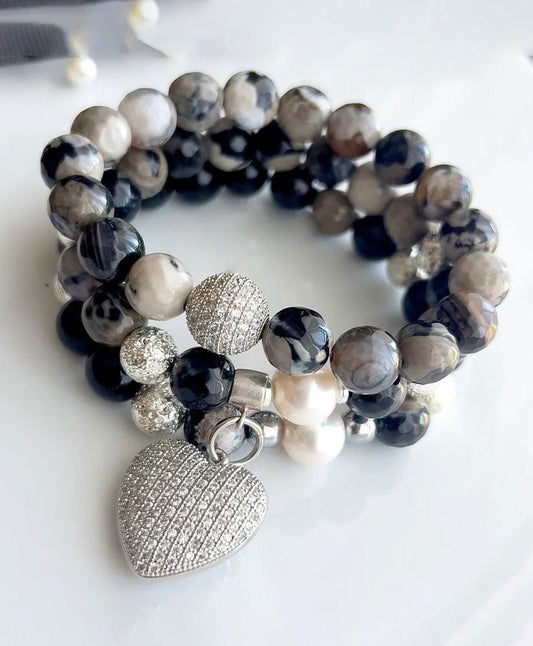 Black, White, and Ice Heart tripple Strand Bracelet - Jewelry Trends USA
