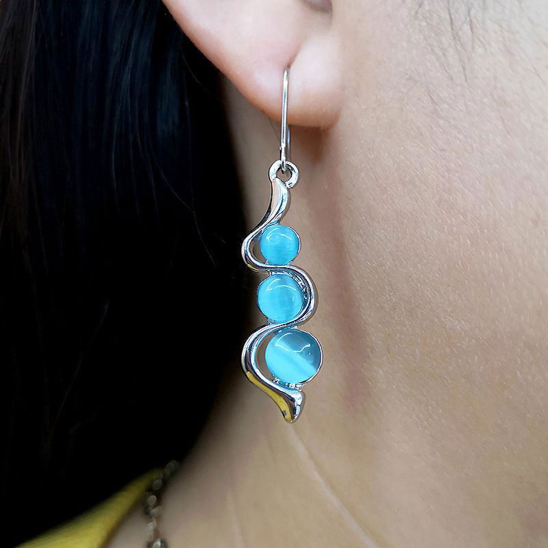 Bohemian Curved Wavy Earrings with Hylan Cat's Eye Gemstone - Jewelry Trends USA