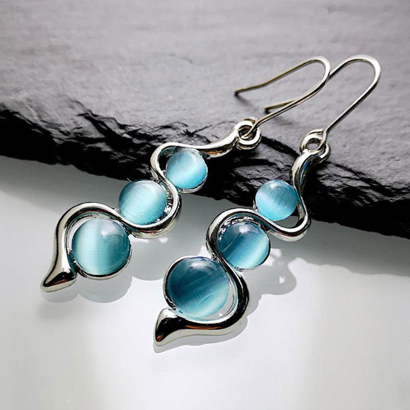 Bohemian Curved Wavy Earrings with Hylan Cat's Eye Gemstone - Jewelry Trends USA
