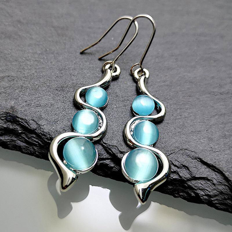 Bohemian Curved Wavy Earrings with Hylan Cat's Eye Gemstone - Jewelry Trends USA