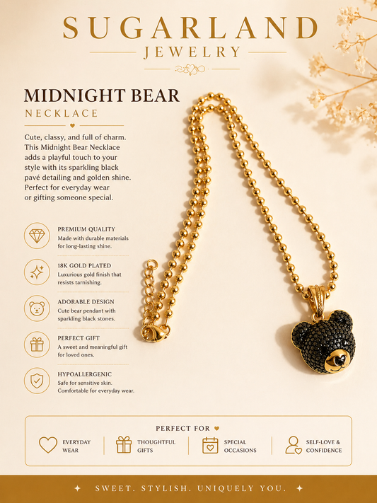 Midnight Bear Necklace – Gold & Black Pendant Chain