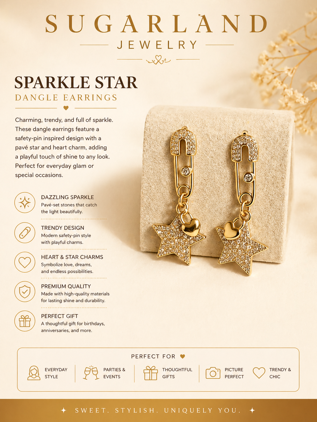 Luxury Star Drop Earrings – Gold Crystal Statement Earrings
