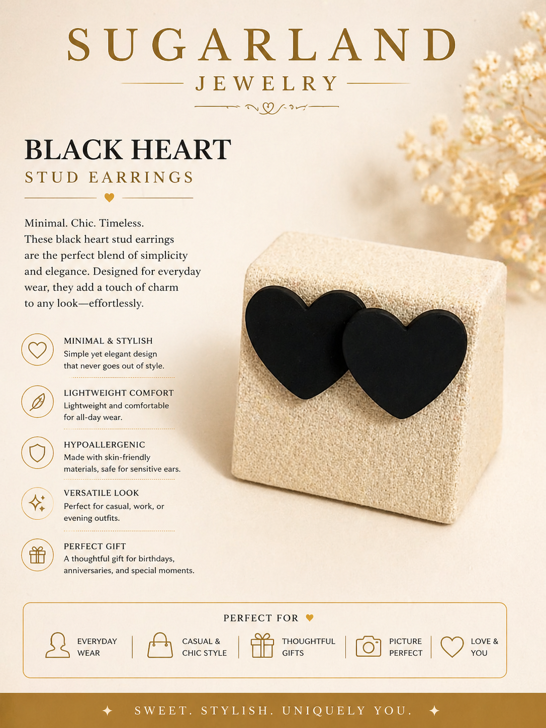 Elegant Black Heart Stud Earrings – Minimalist Fashion Jewelry