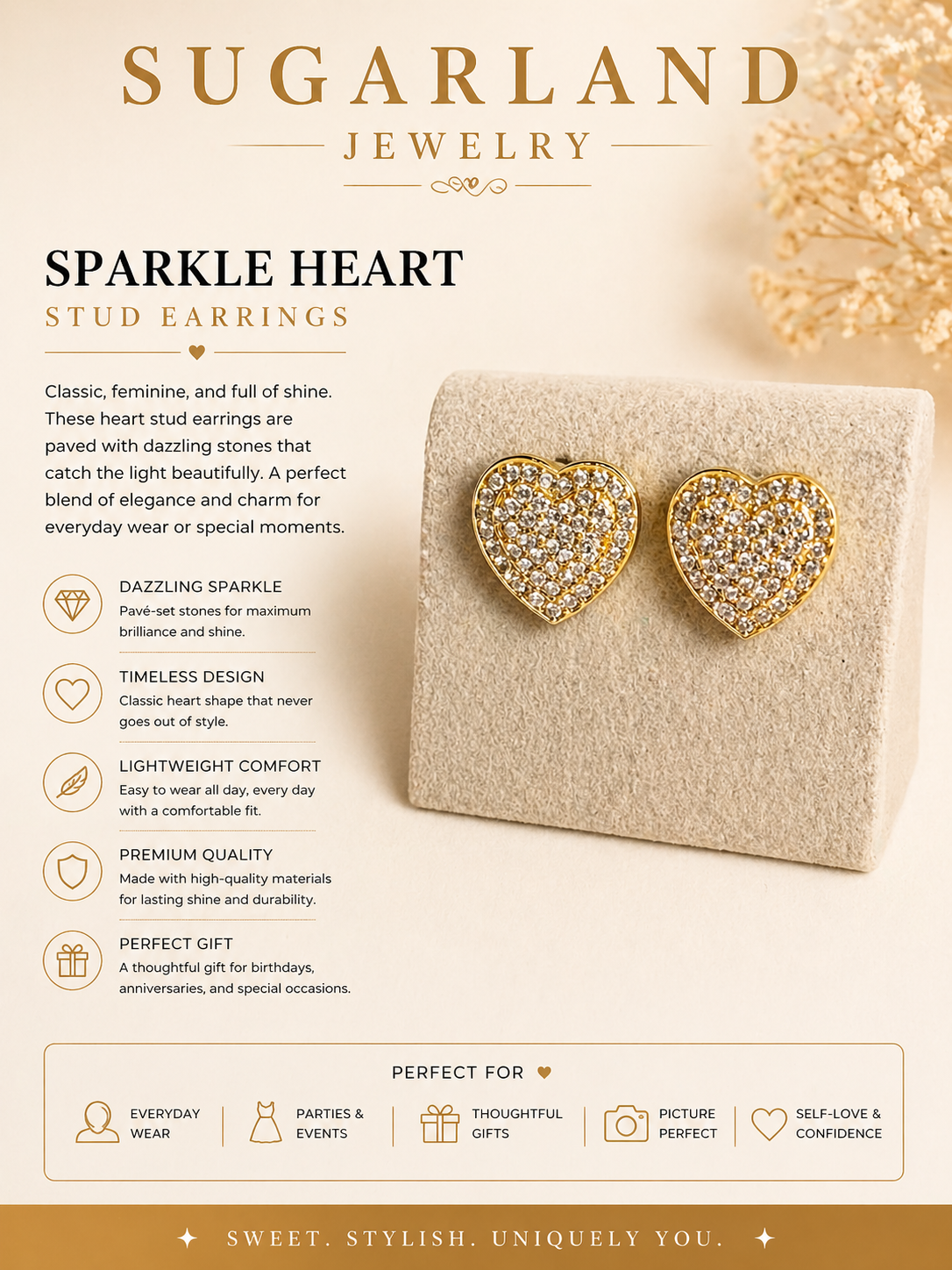 Sparkle Heart Stud Earrings – Crystal Gold Heart Earrings