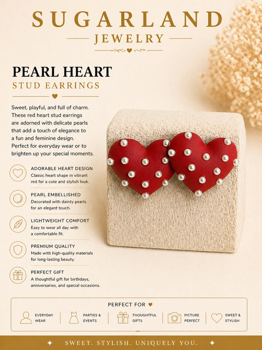 Pearl Heart Statement Stud Earrings – Red