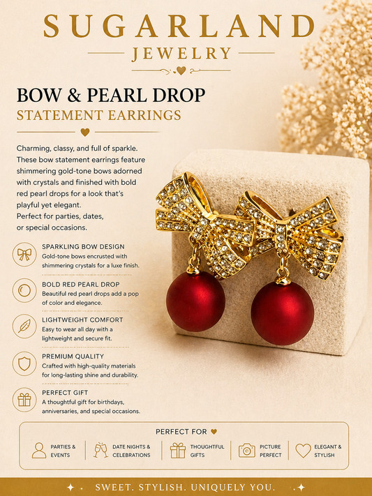Luxury Bow Drop Earrings with Red Pearl Accent