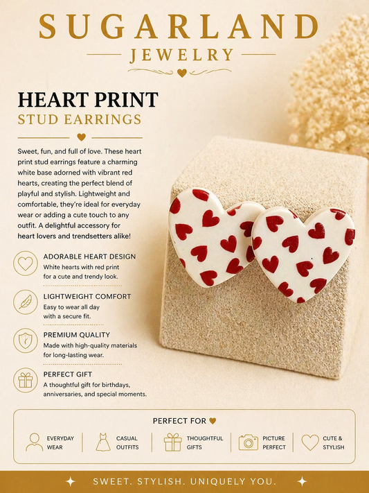 Sweetheart Pattern Stud Earrings – White & Red