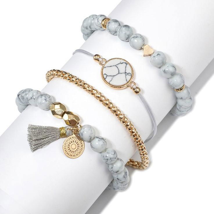 Chic Geometric Fringed Pine Stone Bracelet Set - 4 Pcs - Jewelry Trends USA