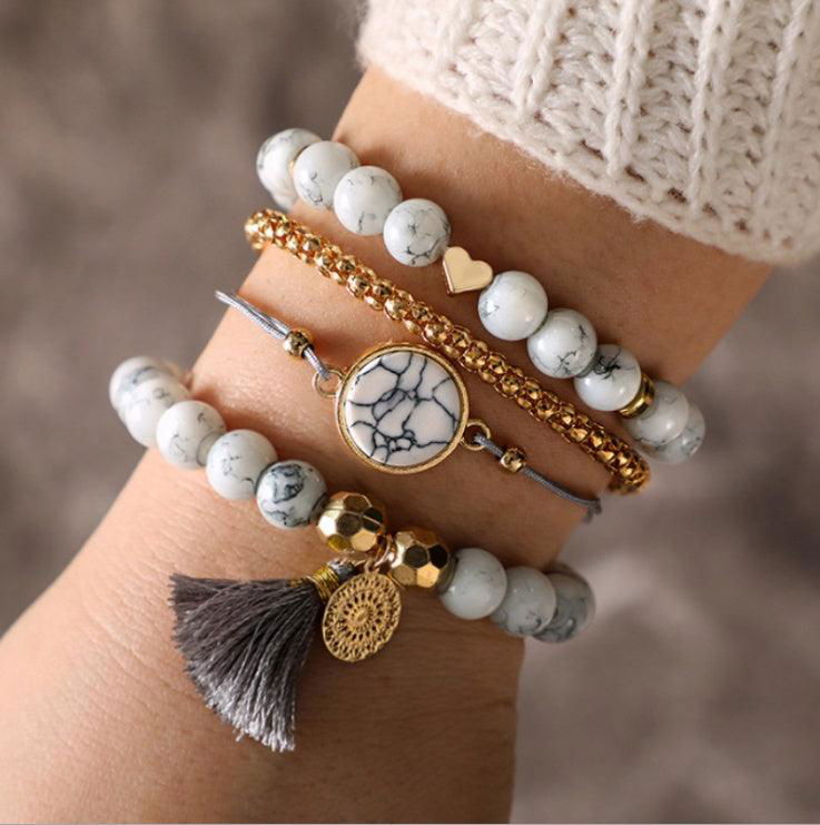 Chic Geometric Fringed Pine Stone Bracelet Set - 4 Pcs - Jewelry Trends USA