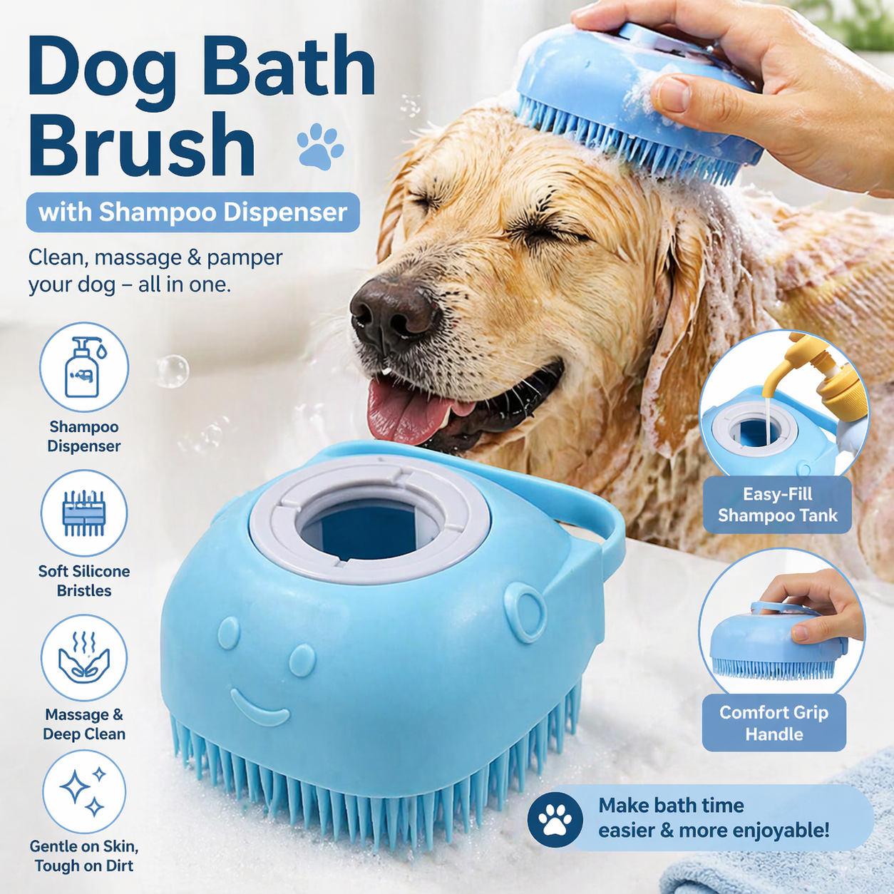 Dog Bath Brush with Shampoo Dispenser (Blue)