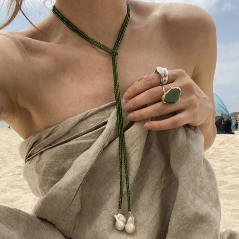 Elegant Geometric Solid Color Imitation Pearl Green Pointed Crystal  Necklace - Jewelry Trends USA
