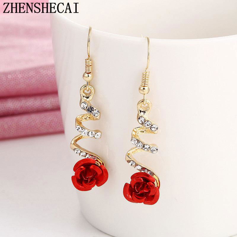 Fashion Jewelry Ethnic Red Rose Drop Earrings Big Rhinestone Earrings Vintage For Women Rose Gold Spiral Dangle Earring - Jewelry Trends USA