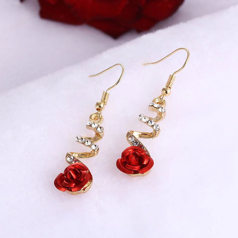 Fashion Jewelry Ethnic Red Rose Drop Earrings Big Rhinestone Earrings Vintage For Women Rose Gold Spiral Dangle Earring - Jewelry Trends USA