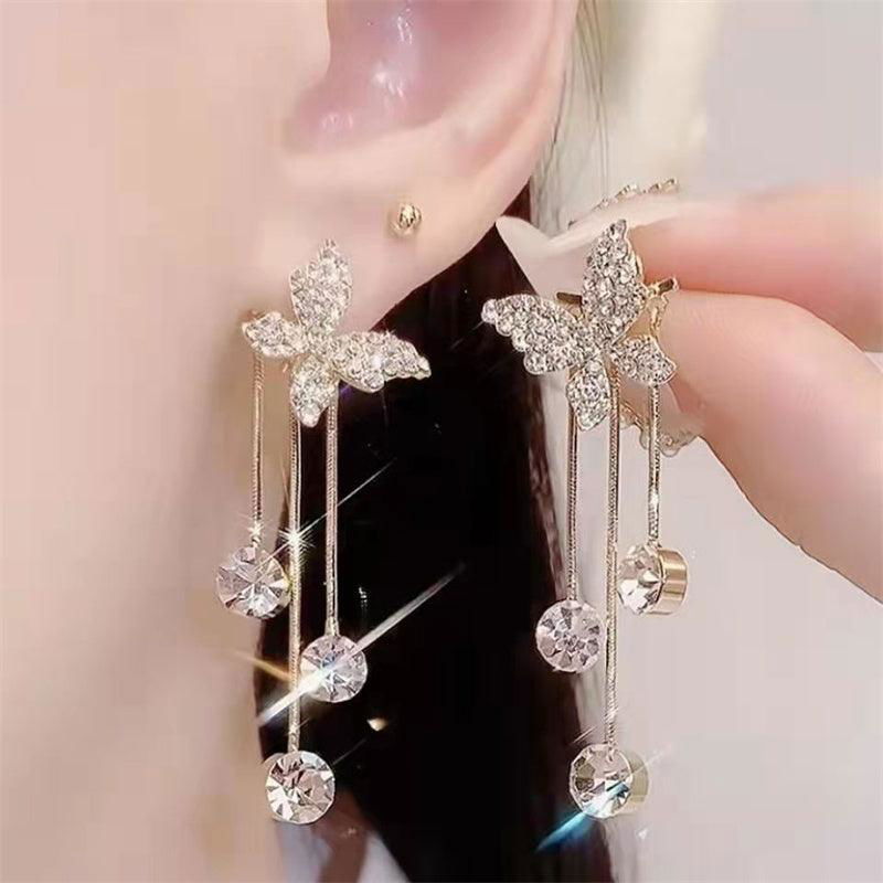 Fashion Jewelry Shiny Butterfly Rhinestone Drop Dangle Earrings Women Elegant Long Pearl Tassel Chain Pendant Party Jewelry - Jewelry Trends USA