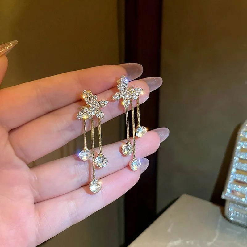 Fashion Jewelry Shiny Butterfly Rhinestone Drop Dangle Earrings Women Elegant Long Pearl Tassel Chain Pendant Party Jewelry - Jewelry Trends USA