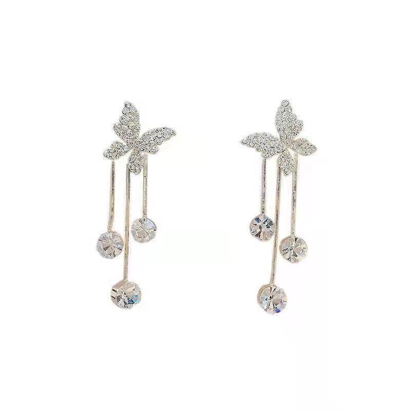 Fashion Jewelry Shiny Butterfly Rhinestone Drop Dangle Earrings Women Elegant Long Pearl Tassel Chain Pendant Party Jewelry - Jewelry Trends USA