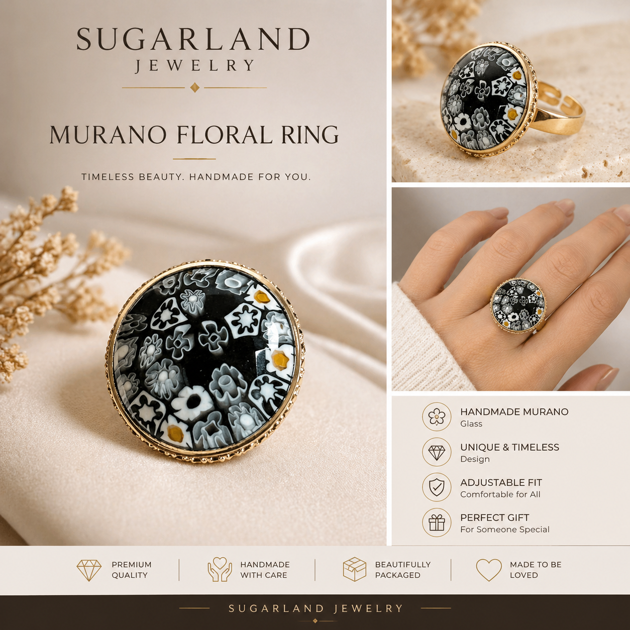 Murano Floral Glass Statement Ring – Gold Plated Adjustable | SUGARLAND JEWELRY