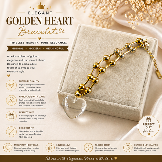 Elegant Gold Bead Bracelet with Crystal Heart Charm