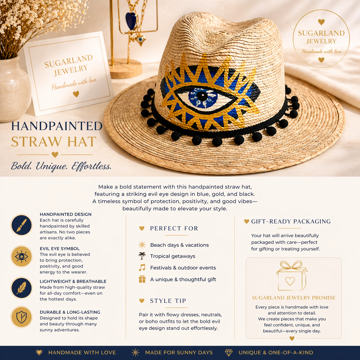 Handpainted Straw Hat – Blue Evil Eye Edition