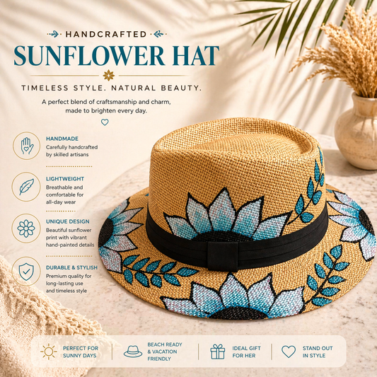 Handcrafted Blue Sunflower Straw Hat