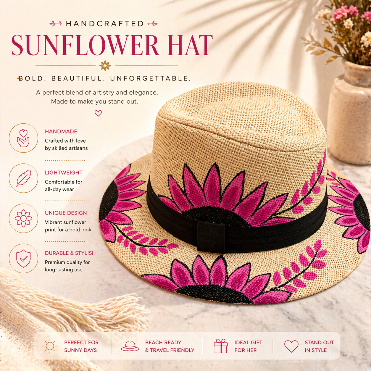 Handcrafted Sunflower Straw Hat