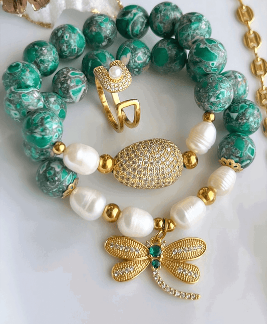 Heart and Dragonfly green bracelet - Jewelry Trends USA