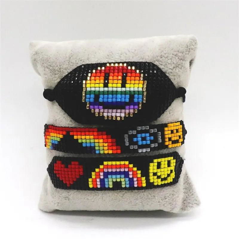 Ins New Colorful Smile Letter Miyuki Bracelet Set Smile Rainbow Evil Eye Beaded Bracelet - Jewelry Trends USA