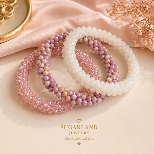 Crystal Beaded Bracelet Set – Blush & Ivory Stack