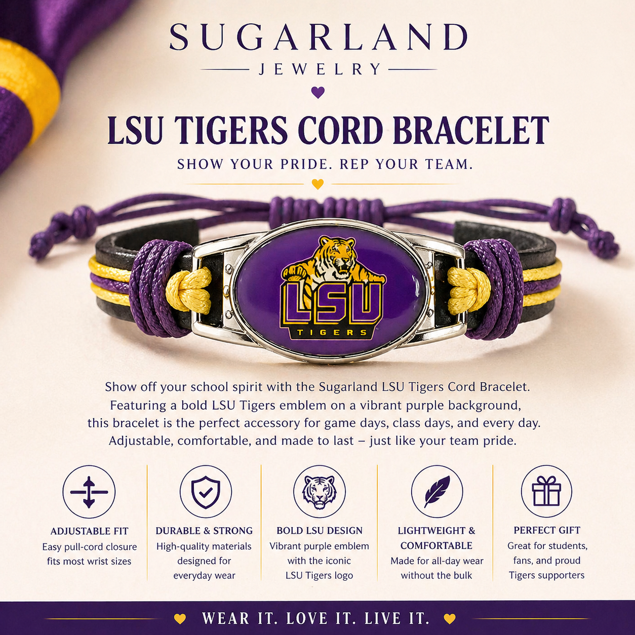 LSU Tigers Cord Bracelet – Sugarland Jewelry