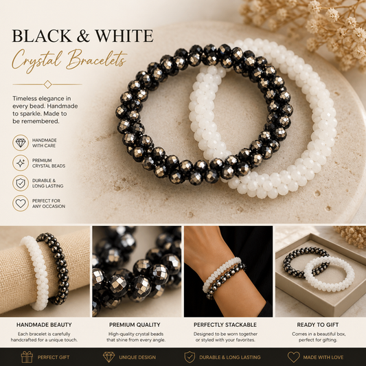 Black & White Crystal Beaded Bracelets (Handmade Set)