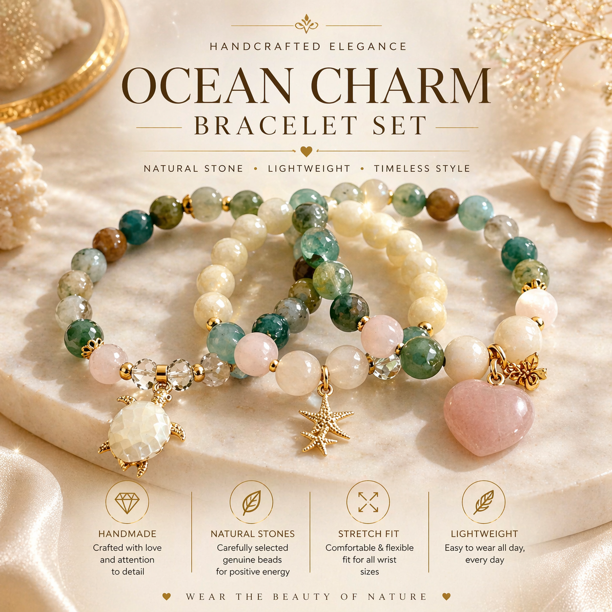 Elegant Charm Bracelet Set – Handmade Natural Stone Beaded Stack with Gold Accents