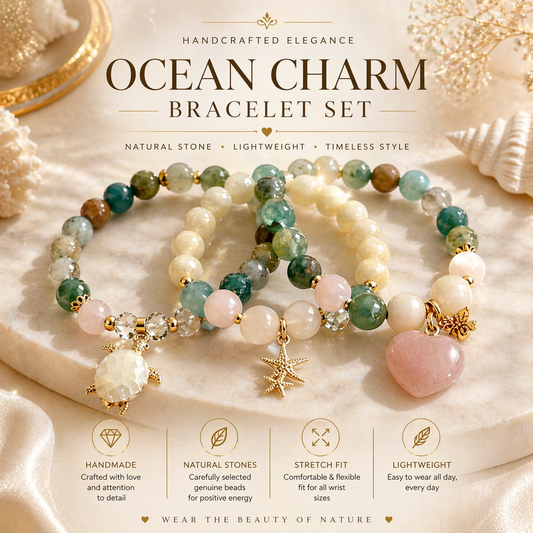 Elegant Charm Bracelet Set – Handmade Natural Stone Beaded Stack with Gold Accents