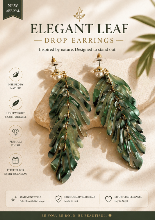 Elegant Leaf Drop Earrings – Nature-Inspired Statement Jewelry with Pearl Detail